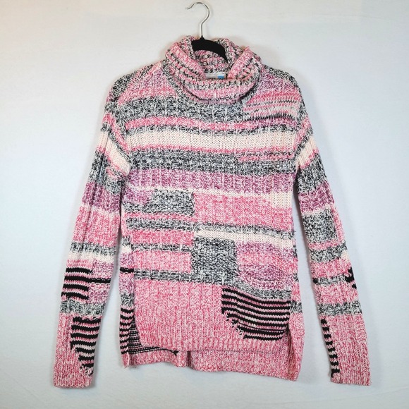 sparrow Sweaters - Sparrow Womens Striped Patchwork Knit Turtleneck Sweater Size Small Pink Crochet
